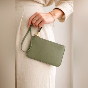 Sage Green Leather Wristlet Pouch Minimalist Clutch Gold Zip New Designer Bag